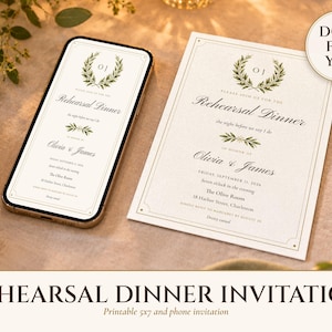 Candlelit rehearsal dinner table with a phone showing the phone invitation beside the printed 5x7 Old Money Ivory invitation, title Rehearsal Dinner Invitation, badge DONE FOR YOU