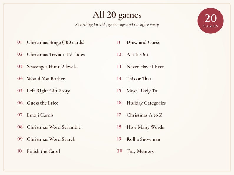 Pack de jeux pour fêtes de Noël : 20 jeux à imprimer (bingo, quiz, chasse au trésor), jeux de vacances pour adultes, enfants et bureau. image 4