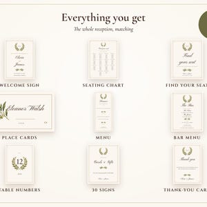 Paquete de letreros para bodas, conjunto de recepción Old Money Ivory con plano de asientos, tarjetas de lugar, letrero de bienvenida y 30 letreros, nombres impresos. imagen 3