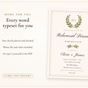 Every word typeset for you: names, date, time, place and RSVP, with 2 free edit rounds