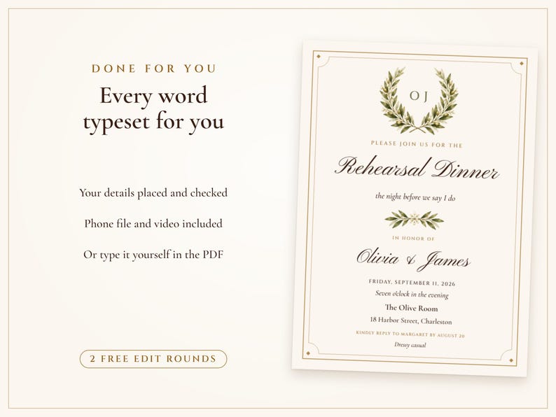Every word typeset for you: names, date, time, place and RSVP, with 2 free edit rounds