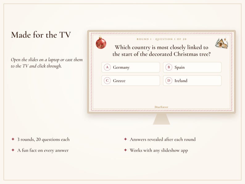 Gioco a quiz di Natale, versione stampabile e per la TV, 60 domande con risposte, gioco per feste natalizie per ufficio, famiglia e adulti. immagine 5
