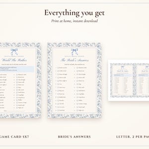 Would She Rather Bridal Shower Game, Something Blue Toile Printable, Bride's Name Added, 5x7 and Letter, Wedding Shower Game image 3
