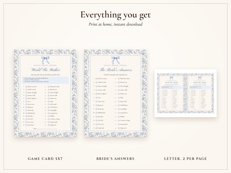 Would She Rather Bridal Shower Game, Something Blue Toile Printable, Bride's Name Added, 5x7 and Letter, Wedding Shower Game image 3