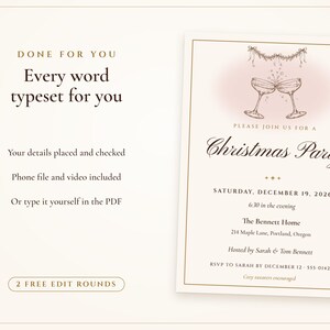 Christmas Cocktail Party Invitation, Blush and Gold Holiday Party Invite, Ink Line Coupe, Printable and Phone Invite 5x7 image 7
