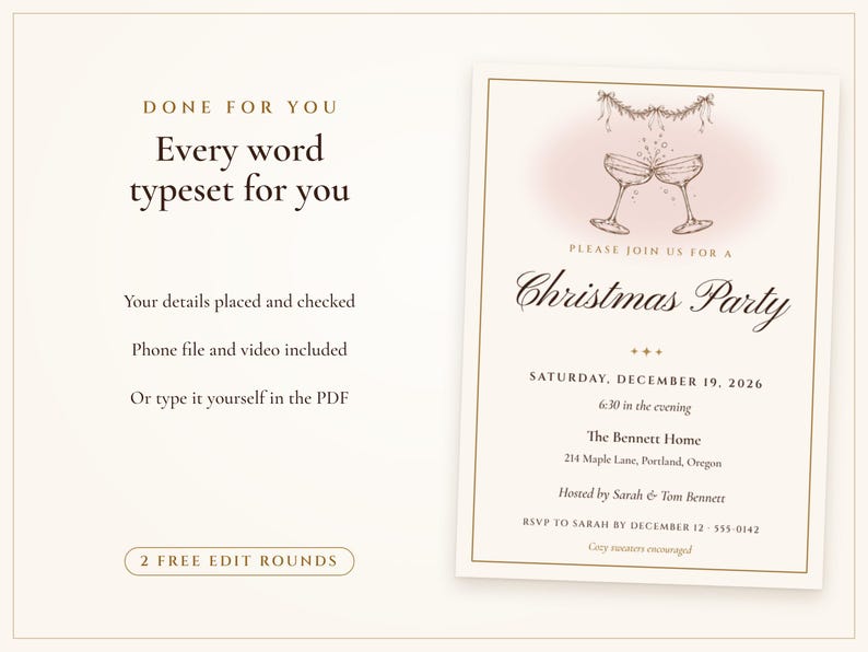 Christmas Cocktail Party Invitation, Blush and Gold Holiday Party Invite, Ink Line Coupe, Printable and Phone Invite 5x7 image 7