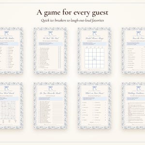 Bridal Shower Games Bundle, 20 Printable Games, Something Blue Toile, Bride's Name Added for You, Would She Rather and Bingo image 4