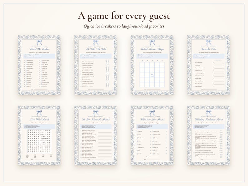 Bridal Shower Games Bundle, 20 Printable Games, Something Blue Toile, Bride's Name Added for You, Would She Rather and Bingo image 4