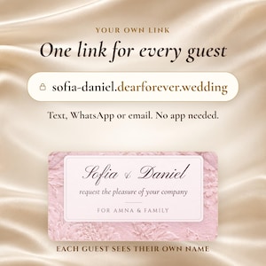 Op de afbeelding: Een digitale trouwuitnodigingskaart met de tekst Sofia & Daniel request the pleasure of your company for Amna & Family. Erboven staat een linkveld met de URL sofia-daniel.dearforever.wedding en de tekst One link for every guest.