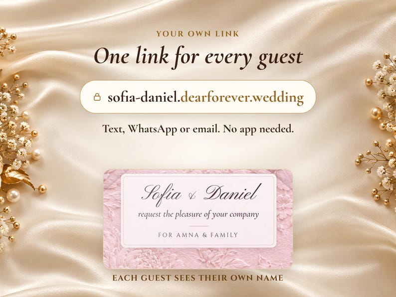 Op de afbeelding: Een digitale trouwuitnodigingskaart met de tekst Sofia & Daniel request the pleasure of your company for Amna & Family. Erboven staat een linkveld met de URL sofia-daniel.dearforever.wedding en de tekst One link for every guest.