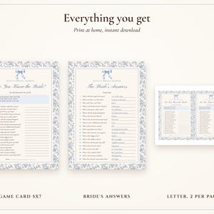 How Well Do You Know the Bride Game, Bridal Shower Trivia Printable, Something Blue Toile, Bride's Name Added, 5x7 and Letter image 3