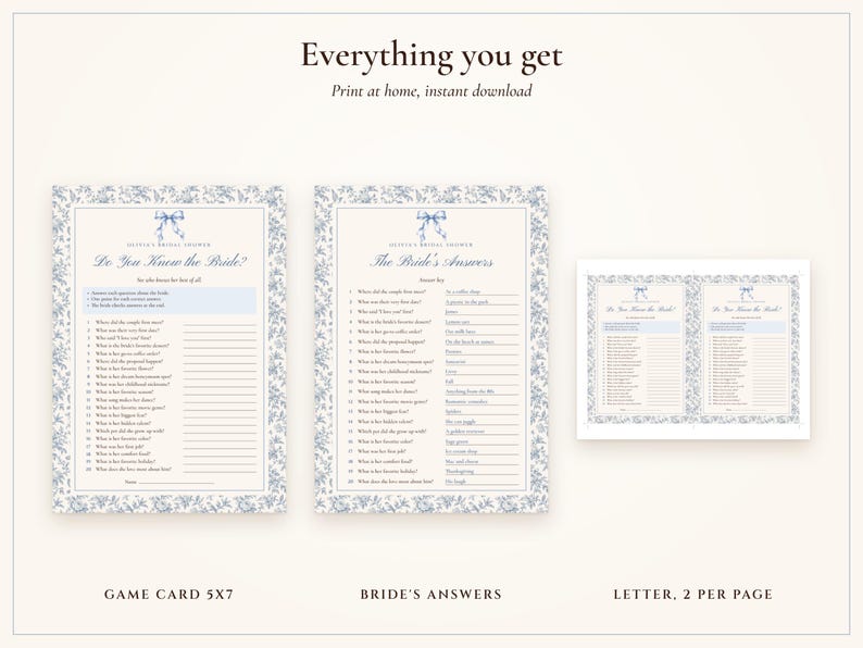 How Well Do You Know the Bride Game, Bridal Shower Trivia Printable, Something Blue Toile, Bride's Name Added, 5x7 and Letter image 3