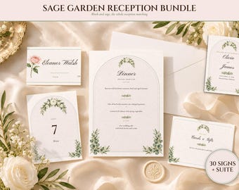 Wedding Sign Bundle, Sage Garden Watercolor Reception Suite with Seating Chart, Place Cards, Welcome Sign and 30 Signs, Names Typeset