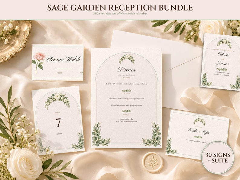 Wedding Sign Bundle, Sage Garden Watercolor Reception Suite with Seating Chart, Place Cards, Welcome Sign and 30 Signs, Names Typeset image 1