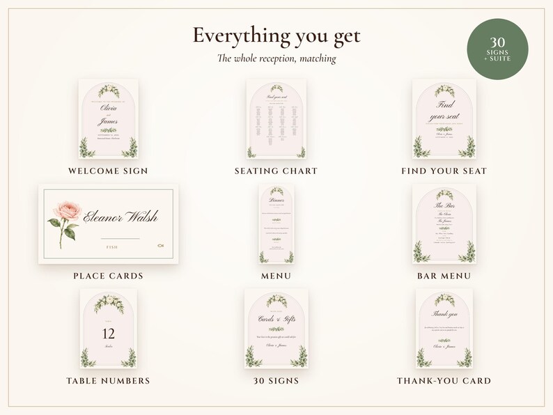 Wedding Sign Bundle, Sage Garden Watercolor Reception Suite with Seating Chart, Place Cards, Welcome Sign and 30 Signs, Names Typeset image 3
