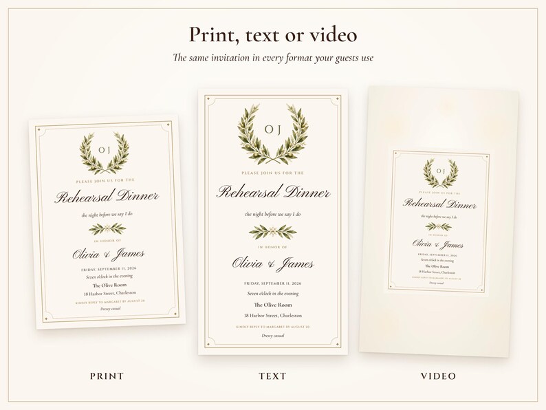 Three ways to send it: print the 5x7, text the phone invitation or share the tap-to-open video