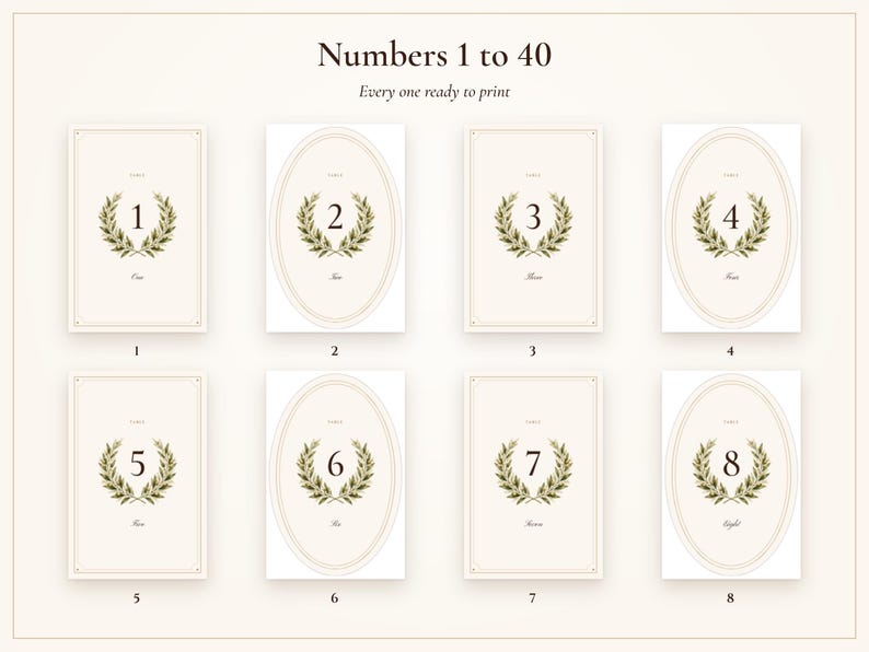 Numéros de table imprimables pour mariage, cartes de table ovales ivoire style « vieille fortune » de 1 à 40, formats 10 x 15 cm et 13 x 18 cm, décoration élégante pour la réception image 5