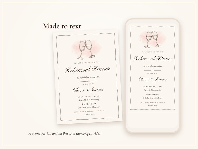 Rehearsal Dinner Invite, Ink Line Wine Glass Night Before Wedding Invitation, Phone and 5x7 Printable, Done for You image 5