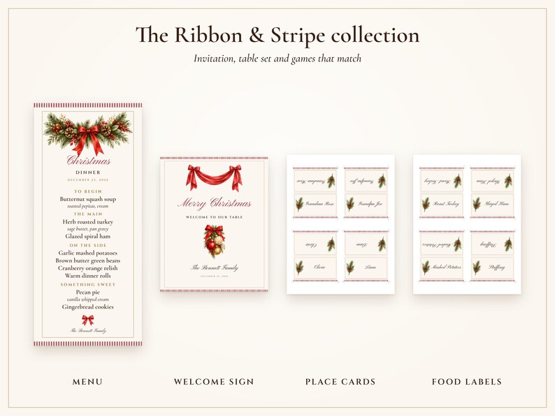 Christmas Dinner Menu and Place Cards Set, Guest Names Printed for You, Holiday Table Menu 4x9, Editable PDF Printable image 8