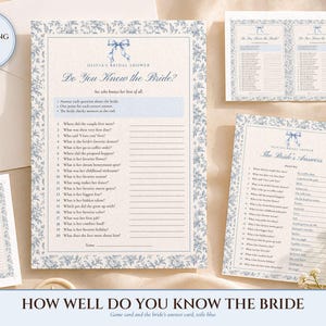 How Well Do You Know the Bride Game, Bridal Shower Trivia Printable, Something Blue Toile, Bride's Name Added, 5x7 and Letter image 1
