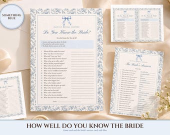 How Well Do You Know the Bride Game, Bridal Shower Trivia Printable, Something Blue Toile, Bride's Name Added, 5x7 and Letter