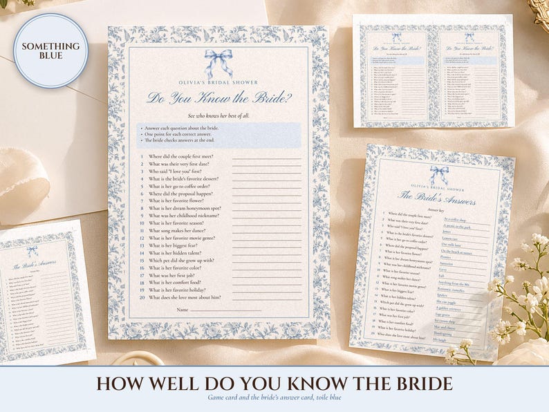 How Well Do You Know the Bride Game, Bridal Shower Trivia Printable, Something Blue Toile, Bride's Name Added, 5x7 and Letter image 1