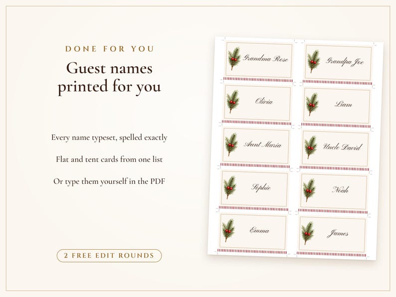 Christmas Dinner Menu and Place Cards Set, Guest Names Printed for You, Holiday Table Menu 4x9, Editable PDF Printable image 7