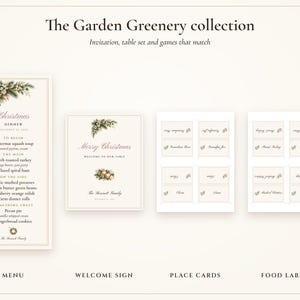 Plantilla de menú navideño con tarjetas de mesa, menú de cena navideña en tonos rosa y dorado, nombres impresos, elegante juego de mesa. imagen 8