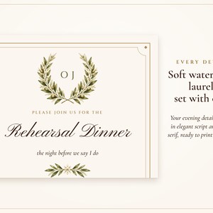Close-up of the rehearsal dinner invitation with the laurel crest, olive branches and thin double gold border