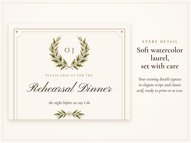 Close-up of the rehearsal dinner invitation with the laurel crest, olive branches and thin double gold border