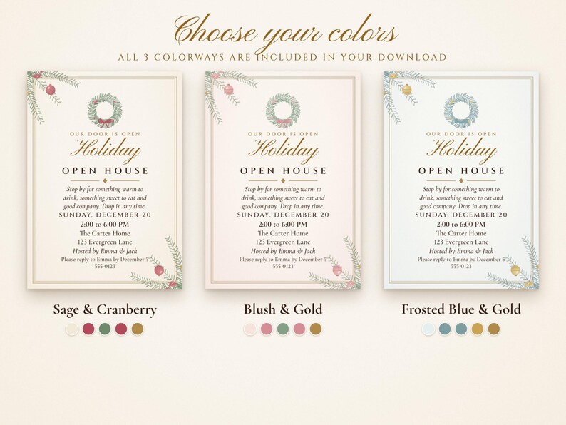 Invitación imprimible para jornada de puertas abiertas navideña, elegante color marfil y dorado, invitación navideña para jornada de puertas abiertas de 5x7 pulgadas, fiesta sin cita previa. imagen 4