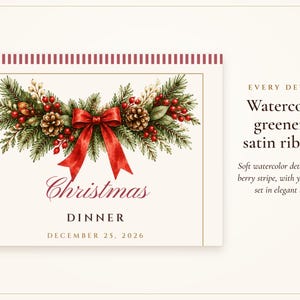Christmas Dinner Menu and Place Cards Set, Guest Names Printed for You, Holiday Table Menu 4x9, Editable PDF Printable image 2