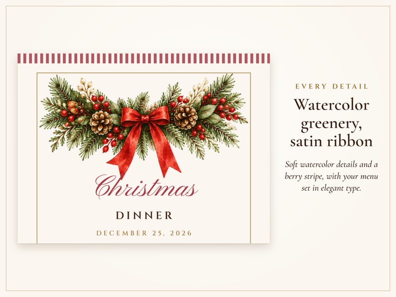 Christmas Dinner Menu and Place Cards Set, Guest Names Printed for You, Holiday Table Menu 4x9, Editable PDF Printable image 2
