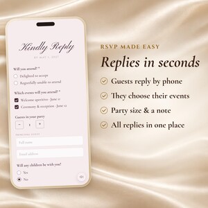 Op de afbeelding: Een smartphonescherm met een digitaal RSVP-formulier met de tekst Kindly Reply, By May 1, 2027, en evenementdetails. Rechts staat de tekst RSVP MADE EASY, Replies in seconds, Guests reply by phone, They choose their events, Party size & a note, All replies in one place.