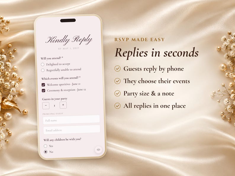 Op de afbeelding: Een smartphonescherm met een digitaal RSVP-formulier met de tekst Kindly Reply, By May 1, 2027, en evenementdetails. Rechts staat de tekst RSVP MADE EASY, Replies in seconds, Guests reply by phone, They choose their events, Party size & a note, All replies in one place.