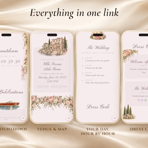 Op de afbeelding: Vier smartphoneschermen tonen een digitale huwelijksuitnodiging met bloemaccenten. De schermen tonen een aftelling, locatiedetails voor Villa Serena Lake Como, een dagschema en een dresscode, allemaal voorzien van elegante cursieve tekst.
