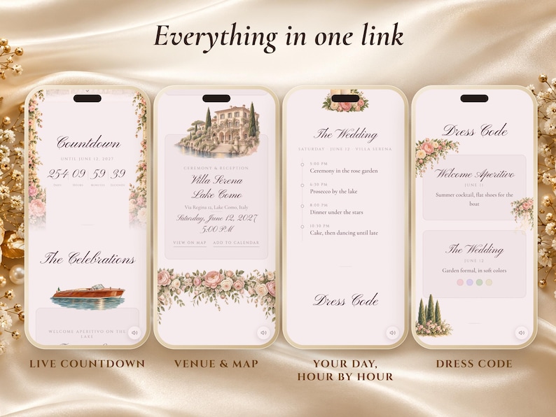 Op de afbeelding: Vier smartphoneschermen tonen een digitale huwelijksuitnodiging met bloemaccenten. De schermen tonen een aftelling, locatiedetails voor Villa Serena Lake Como, een dagschema en een dresscode, allemaal voorzien van elegante cursieve tekst.