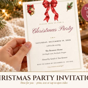 Invitación para fiesta de Navidad, invitación para fiesta navideña con lazo rojo, invitación imprimible y por mensaje de texto, lista para usar, editable 5x7 imagen 1