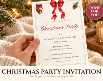 Christmas Party Invitation, Red Bow Holiday Party Invite, Printable and Phone Text Invitation, Done for You, Editable 5x7