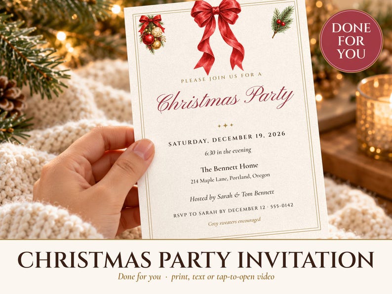 Invitación para fiesta de Navidad, invitación para fiesta navideña con lazo rojo, invitación imprimible y por mensaje de texto, lista para usar, editable 5x7 imagen 1