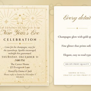 New Year's Eve Party Invitation Printable, Champagne Sparkle NYE Countdown Party Invite 5x7, Instant Download PDF and Phone Text Invite image 2