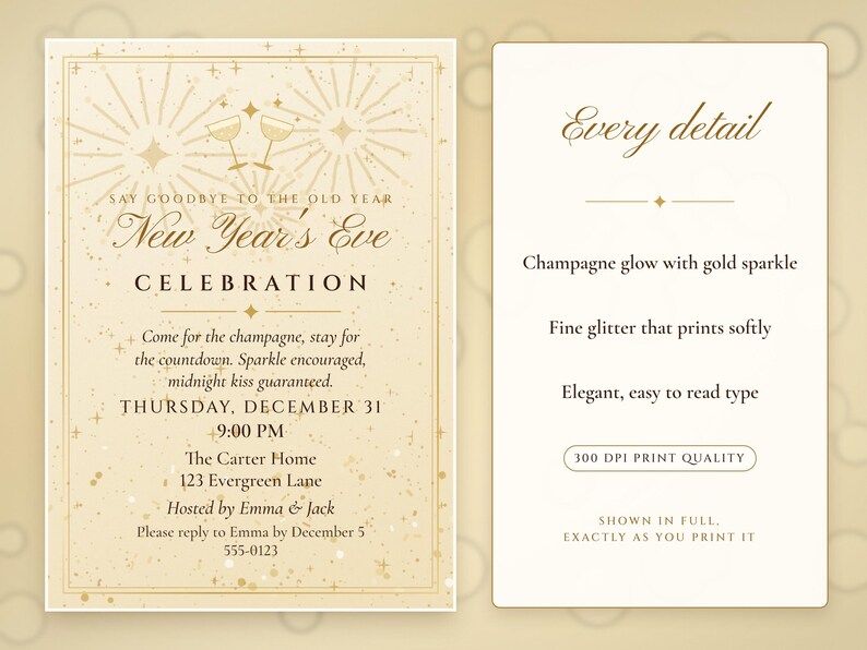 New Year's Eve Party Invitation Printable, Champagne Sparkle NYE Countdown Party Invite 5x7, Instant Download PDF and Phone Text Invite image 2