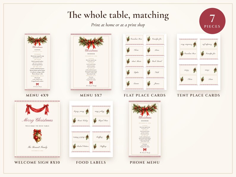 Christmas Dinner Menu and Place Cards Set, Guest Names Printed for You, Holiday Table Menu 4x9, Editable PDF Printable image 3