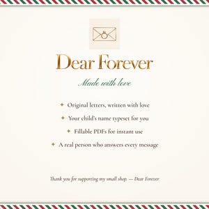 Dear Forever brand card: original letters written with love, your child's name typeset for you, fillable PDFs, a real person who answers every message