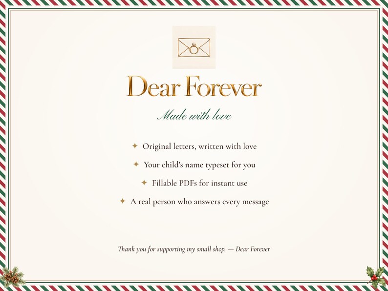Dear Forever brand card: original letters written with love, your child's name typeset for you, fillable PDFs, a real person who answers every message