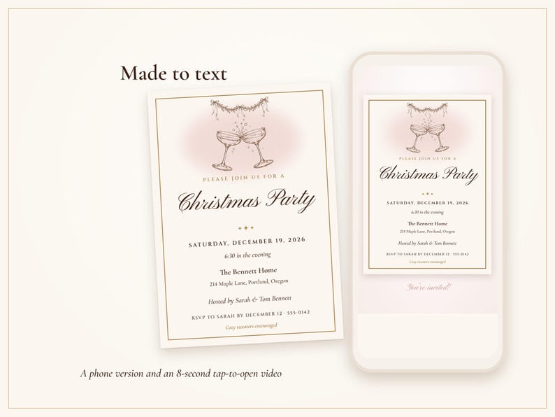 Christmas Cocktail Party Invitation, Blush and Gold Holiday Party Invite, Ink Line Coupe, Printable and Phone Invite 5x7 image 5