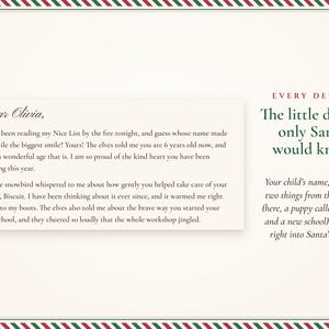 Close-up of the letter from Santa: Dear Olivia, with her age, her puppy Biscuit and her new school written right into Santa's words