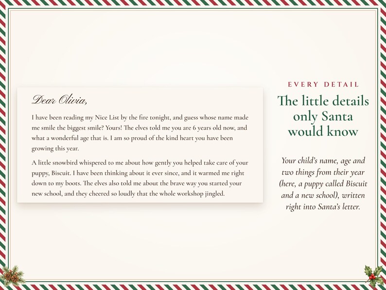 Close-up of the letter from Santa: Dear Olivia, with her age, her puppy Biscuit and her new school written right into Santa's words