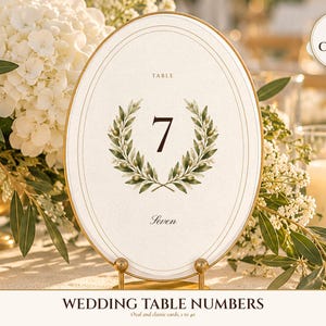 Numéros de table imprimables pour mariage, cartes de table ovales ivoire style « vieille fortune » de 1 à 40, formats 10 x 15 cm et 13 x 18 cm, décoration élégante pour la réception image 1