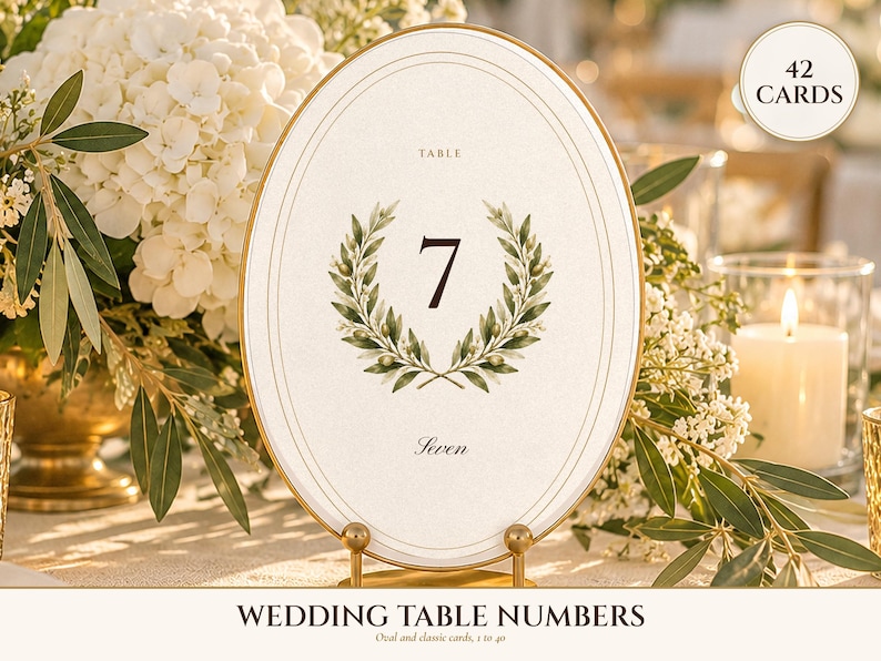 Numéros de table imprimables pour mariage, cartes de table ovales ivoire style « vieille fortune » de 1 à 40, formats 10 x 15 cm et 13 x 18 cm, décoration élégante pour la réception image 1